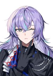 Rule 34 | 1boy, black gloves, black jacket, blue hair, frown, gloves, hand up, highres, hoshirube sho, jacket, light blue hair, long hair, looking to the side, male focus, multicolored eyes, multicolored hair, nijisanji, ninahachi, one eye closed, profile, purple hair, solo, streaked hair, transparent background, v, virtual youtuber