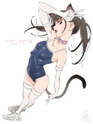 Rule 34 | 1girl, 2023, animal ears, arm up, blue one-piece swimsuit, bow, brown eyes, brown hair, cat day, cat ears, cat tail, choker, covered erect nipples, covered navel, dated, double v, elbow gloves, female focus, from above, full body, gloves, hair bow, highres, iseki shuuichi, one-piece swimsuit, petite, pink choker, shiny swimsuit, shoes, sneakers, standing, swimsuit, tail, thighhighs, tight clothes, twintails, v, white background, white footwear, white gloves, white thighhighs