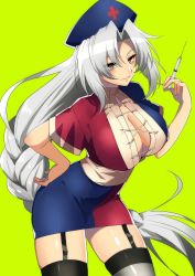 Rule 34 | 1girl, adapted costume, blue dress, blue hat, braid, breasts, cleavage, dress, garter straps, green background, grey eyes, grey thighhighs, hand on own hip, hat, highres, holding, kamenozoki momomo, large breasts, light smile, long hair, looking at viewer, multicolored clothes, nurse cap, parted lips, red dress, short dress, short sleeves, silver hair, simple background, single braid, solo, standing, syringe, thighhighs, touhou, very long hair, yagokoro eirin