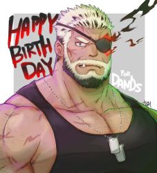 Rule 34 | 1boy, balor (housamo), bara, bare shoulders, beard, black hair, black tank top, blonde hair, blue eyes, bursting pectorals, chest hair, eyepatch, facial hair, fang, flaming eye, happy birthday, jewelry, large pectorals, looking at viewer, male focus, multicolored hair, muscular, necklace, pectoral cleavage, pectorals, scar, scar on arm, short hair, simple background, solo, tank top, tokyo houkago summoners, two-tone hair, upper body, yanutorie