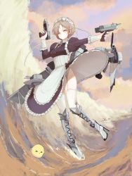 Rule 34 | 1girl, absurdres, apron, arescr, armored boots, azur lane, boots, braid, closed mouth, cloud, cloudy sky, commentary, corset, english commentary, expressionless, french braid, full body, garter belt, garter straps, gun, high heel boots, high heels, highres, holding, holding gun, holding weapon, juliet sleeves, long skirt, long sleeves, looking at viewer, maid, maid headdress, manjuu (azur lane), no panties, ocean, outdoors, platinum blonde hair, puffy sleeves, rigging, sheffield (azur lane), short hair, signature, skirt, skirt flip, sky, solo, thighhighs, twitter username, waist apron, waves, weapon, white thighhighs, yellow eyes