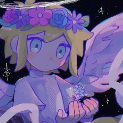 Rule 34 | 2boys, aged down, antenna hair, aqua eyes, aqua hair, basil (faraway) (omori), basil (headspace) (omori), basil (omori), black background, blonde hair, blue flower, blue rose, blush, child, closed eyes, closed mouth, feathered wings, flower, flower wreath, hair between eyes, halo, head wreath, leaf, looking at another, multiple boys, official alternate costume, omori, open mouth, pink flower, purple flower, rose, shirt, short hair, short sleeves, smile, solo focus, sparkle, sr ld fr, turtleneck, white halo, white shirt, white wings, wings