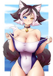 Rule 34 | 1girl, animal ear fluff, animal ears, bare shoulders, bell, black hair, blue eyes, breasts, cat ears, cat girl, cleavage, closed mouth, clothes pull, collar, collarbone, competition swimsuit, covered navel, cowboy shot, heterochromia, highres, jingle bell, kat (mazume), large breasts, looking at viewer, mazume, multicolored hair, neck bell, one-piece swimsuit, one-piece swimsuit pull, original, short hair, solo, streaked hair, swimsuit, two-tone hair, white hair, yellow eyes