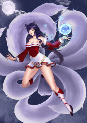 Rule 34 | 1girl, absurdres, ahri (league of legends), animal ears, bare shoulders, black hair, braid, breasts, cleavage, detached sleeves, dress, energy ball, facial mark, fox ears, fox tail, full body, highres, karmiel, korean clothes, league of legends, long hair, long sleeves, looking at viewer, medium breasts, multiple tails, parted lips, short dress, single braid, slit pupils, smile, solo, strapless, strapless dress, tail, tube dress, very long hair, whisker markings, yellow eyes