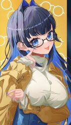 Rule 34 | 1girl, :p, absurdres, akanbe, black hair, blue eyes, blue hair, blue nails, blue pants, blunt bangs, breasts, brown coat, coat, colored inner hair, commentary, denim, ear piercing, eyelid pull, glasses, hair intakes, high-waist pants, highres, hololive, hololive english, index finger raised, itsuki (itsukii en), jeans, large breasts, long hair, long sleeves, looking at viewer, multicolored hair, nail polish, official alternate costume, official alternate hair length, official alternate hairstyle, ouro kronii, ouro kronii (casual), pants, piercing, shirt, sidelocks, solo, taut clothes, taut shirt, tongue, tongue out, trench coat, turtleneck, turtleneck shirt, upper body, virtual youtuber, white shirt