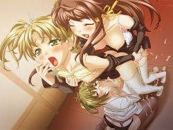 Rule 34 | 3girls, blonde hair, blush, bra, grabbing another&#039;s breast, breasts, brown hair, censored, cum, cum on floor, covered erect nipples, closed eyes, fellatio, futa with futa, futanari, game cg, glasses, grabbing, green eyes, kneeling, large breasts, long hair, mosaic censoring, multiple girls, nipples, open clothes, open mouth, oral, penis, ponytail, red eyes, saliva, sex, tagme, thighhighs, underwear
