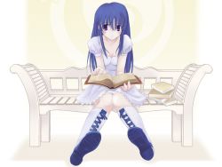 Rule 34 | 1girl, arin, bench, blue hair, book, boots, dorsiflexion, highres, open book, pangya, reading, solo