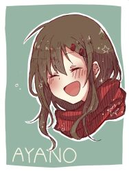 Rule 34 | 1girl, blush, border, brown hair, character name, closed eyes, commentary request, enpera, facing viewer, framed, hair between eyes, hair ornament, hairclip, head only, kagerou project, long hair, mekakucity actors, open mouth, outline, partial commentary, red scarf, rei-suzuran, scarf, sidelocks, sketch, smile, solo, star (symbol), tateyama ayano, white border, white outline
