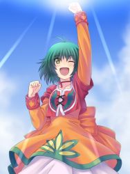 Rule 34 | 00s, 1girl, ;d, antenna hair, arm up, bad id, bad pixiv id, choker, clenched hands, cropped jacket, day, dress, farah oersted, green hair, happy, messy hair, one eye closed, open mouth, orange dress, raised fist, shiwasuzuki, short hair, sky, smile, solo, sunlight, tales of (series), tales of eternia, wink