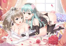 Rule 34 | &gt;:o, 10s, 2girls, :d, :o, alternate costume, aqua eyes, aqua hair, bare shoulders, bed, black choker, black panties, blush, bouquet, grabbing another&#039;s breast, breasts, bridal veil, bride, brown hair, choker, cleavage, curtains, dress, elbow gloves, female focus, flower, frilled dress, frills, girl on top, gloves, grabbing, hair flower, hair ornament, hairclip, hand on another&#039;s shoulder, indoors, jewelry, kantai collection, kumano (kancolle), large breasts, lingerie, long hair, looking at viewer, lying, medium breasts, multiple girls, necklace, no pants, on bed, on stomach, open mouth, panties, pc9527, personification, petals, ponytail, rose, round teeth, side-tie panties, smile, strapless, strapless dress, suzuya (kancolle), teeth, underwear, veil, wedding dress, white dress, white gloves, window, yellow eyes, yuri