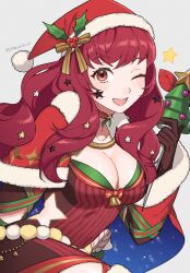 Rule 34 | 1girl, blue cape, bodysuit, breasts, brown gloves, candy, candy cane, cape, christmas, facial mark, fire emblem, fire emblem engage, fire emblem heroes, food, gloves, hair ornament, hat, highres, holding, holding sack, holly hair ornament, ice pick, large breasts, looking at viewer, mistletoe hair ornament, multicolored cape, multicolored clothes, nintendo, official alternate costume, one eye closed, peach11 01, red bodysuit, red cape, red eyes, red hair, sack, santa hat, star (symbol), star facial mark, star hair ornament, star print, two-tone cape, yunaka (fire emblem), yunaka (fire emblem) (spirited envoy)