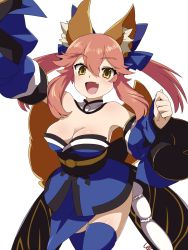 Rule 34 | 10s, 1girl, :d, animal ears, bad id, bad pixiv id, bare shoulders, blue thighhighs, breasts, cleavage, detached sleeves, fang, fate/extra, fate (series), fox ears, fox tail, highres, japanese clothes, kimono, looking at viewer, open mouth, pink hair, shimomoto, smile, solo, tail, tamamo (fate), tamamo no mae (fate/extra), thighhighs, yellow eyes