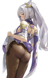Rule 34 | 1girl, akita hika, ass, blush, breasts, brown pantyhose, detached sleeves, double bun, dress, earrings, from behind, genshin impact, hair bun, hair ornament, head tilt, highres, jewelry, keqing (genshin impact), large breasts, long hair, looking at viewer, pantyhose, purple dress, purple eyes, silver hair, simple background, solo, tassel, twintails, vision (genshin impact), white background