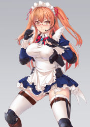 Rule 34 | 1girl, absurdres, apron, armor, armored boots, black panties, blue dress, boots, breasts, closed mouth, dress, elbow pads, frilled apron, frills, glasses, gradient background, grey background, headset, highres, holster, large breasts, load bearing equipment, long hair, looking at viewer, maid, orange hair, original, panties, pantyshot, red-framed eyewear, reverse grip, sidelocks, smile, solo, standing, thigh holster, thigh strap, thighhighs, thighs, toriatto gununu, two side up, underwear, white thighhighs, yellow eyes