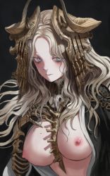 Rule 34 | 1girl, absurdres, black background, black coat, blonde hair, blue eyes, blush, breasts, closed mouth, coat, commentary, curly hair, gold can, highres, long hair, looking at viewer, mole, mole on breast, nipples, open clothes, open coat, parted bangs, ringed eyes, simple background, solo, spine, standing, symbol-only commentary, upper body