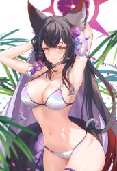 Rule 34 | 1girl, absurdres, animal ear fluff, animal ears, armpits, arms up, bikini, black hair, blue archive, blush, breasts, brown eyes, cleavage, collarbone, cowboy shot, eyeshadow, flower, fox ears, grin, hair flower, hair ornament, halo, highres, large breasts, long hair, looking at viewer, makeup, multicolored hair, navel, slit pupils, smile, solo, sora01o, streaked hair, swimsuit, thigh strap, very long hair, wakamo (blue archive), wet