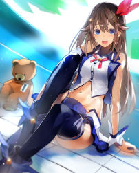 Rule 34 | 1girl, ankimo (tokino sora), bare arms, bare shoulders, blouse, blue eyes, blurry, blush, breasts, brown hair, depth of field, groin, hair between eyes, hair flaps, hair ornament, hand up, highres, hip focus, hololive, knee up, leg ribbon, light particles, long hair, looking at viewer, medium breasts, miniskirt, navel, nishiide kengorou, open mouth, ribbon, shirt, sitting, skirt, smile, solo, stomach, stuffed animal, stuffed toy, teddy bear, thigh ribbon, tokino sora, tokino sora (1st costume), toned, virtual youtuber, white shirt