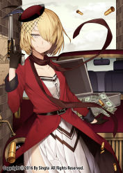 Rule 34 | 1girl, bad id, bad pixiv id, banknote, belt, belt buckle, black belt, black gloves, blonde hair, brick, brick wall, brown gloves, buckle, bullet, car, carchet, closed mouth, cloud, cloudy sky, collarbone, commentary, copyright name, cowboy shot, cropped legs, dollar bill, gloves, grey eyes, gun, hair between eyes, hair net, hair over one eye, hat, headlight, holding, holding gun, holding weapon, jacket, leaning, leaning on object, looking at viewer, money, motor vehicle, official art, original, pointing, pointing up, rear-view mirror, red hat, red jacket, short hair, sid story, sky, solo, suitcase, watermark, weapon