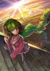 Rule 34 | 1girl, absurdres, bird, broom, cloud, collarbone, female focus, from above, green eyes, green hair, highres, kasodani kyouko, lens flare, matching hair/eyes, parted lips, river, scenery, solo, stairs, sunset, touhou, xiamianliele