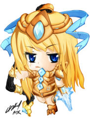 Rule 34 | 1girl, :p, atk402, blonde hair, blue eyes, chibi, personification, psi blade, solo, starcraft, starcraft 2, thumbs down, tongue, tongue out, zealot (starcraft)
