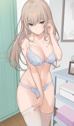 Rule 34 | 1girl, blue bra, blue eyes, blue panties, bra, breasts, brown hair, closed mouth, commentary request, door, girls und panzer, hair between eyes, hand up, highres, icomochi, indoors, itsumi erika, large breasts, long hair, looking at viewer, navel, panties, solo, standing, thighhighs, thighs, underwear, underwear only, white thighhighs
