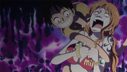 Rule 34 | 1boy, 1girl, animated, animated gif, bikini, bikini top only, breasts, cleavage, crying, fishman island, large breasts, long hair, lowres, monkey d. luffy, nami (one piece), one piece, orange hair, punk hazard, rubber, smile, stretching, swimsuit, tears, you gonna get raped