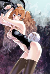 Rule 34 | 1girl, animal ears, armpits, arms up, ass, black thighhighs, blush, bound, bound wrists, breasts, chained wrists, cleavage, covered navel, fake animal ears, floral background, highres, idolmaster, idolmaster cinderella girls, large breasts, leaning forward, leotard, long hair, looking at viewer, meme attire, moroboshi kirari, orange hair, playboy bunny, rabbit ears, rabbit tail, skin tight, solo, sweatdrop, tail, takanashi ringo, tears, thighhighs, translucent bunnysuit, twintails, very long hair, wavy hair