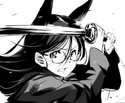 Rule 34 | 1girl, animal ears, clenched teeth, fox ears, glasses, greyscale, holding, holding sword, holding weapon, katana, long hair, monochrome, round eyewear, simple background, solo, strike witches, suwa amaki, sword, teeth, uno ichi, weapon, white background, world witches series