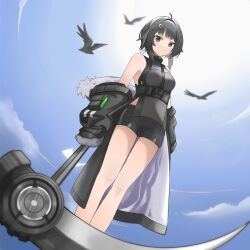Rule 34 | 1girl, absurdres, ahoge, arknights, bird, black eyes, black hair, black shirt, black shorts, blue sky, breasts, crow, feet out of frame, from behind, fur-trimmed jacket, fur trim, hair intakes, hair ornament, hairclip, highres, holding, holding scythe, jacket, jiuyu qame, la pluma (arknights), long sleeves, off shoulder, open clothes, open jacket, outdoors, quill, scythe, shirt, short hair, shorts, sickle, sky, sleeveless, sleeveless shirt, small breasts, solo