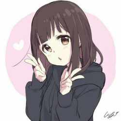 Rule 34 | 1girl, :o, black hoodie, heart, hoodie, nanase kurumi (menhera-chan), solo, v