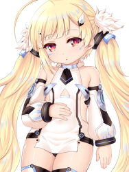 Rule 34 | 1girl, :o, azur lane, bare shoulders, black panties, blonde hair, blush, breasts, character name, commentary request, detached sleeves, dress, eldridge (azur lane), facial mark, fingernails, hair ornament, hairclip, hand on own stomach, highres, long hair, long sleeves, looking at viewer, panties, parted lips, puffy long sleeves, puffy sleeves, red eyes, sidelocks, simple background, sleeveless, sleeveless dress, small breasts, solo, thighhighs, twintails, u2 (5798239), underwear, very long hair, white background, white dress, white thighhighs