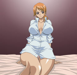 Rule 34 | 1girl, bed, breasts, brown eyes, cleavage, curvy, covered erect nipples, large breasts, legs, looking at viewer, nami (one piece), nel-zel formula, no pants, one piece, orange hair, panties, plump, shirt, short hair, sitting, smile, solo, t-shirt, thighs, twintails, underwear