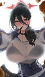 Rule 34 | 1girl, absurdres, black bra, black choker, black hair, black wings, blue archive, blush, bomji, bra, bra visible through clothes, breasts, choker, collarbone, crumbs, feathered wings, food, food in mouth, foreshortening, gym shirt, gym uniform, hair between eyes, hair over shoulder, halo, hasumi (blue archive), hasumi (track) (blue archive), highres, huge breasts, jacket, lace, lace-trimmed bra, lace trim, logo, long bangs, looking at viewer, mole, mole under eye, mouth hold, nose blush, official alternate costume, partially unzipped, pocky, pocky in mouth, pocky kiss, red eyes, red halo, shared food, shirt, simple background, solo, sweat, track jacket, underwear, upper body, wet, wet clothes, wet shirt, white background, wings
