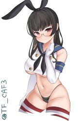 Rule 34 | absurdres, black hairband, black neckerchief, black panties, blue sailor collar, breasts, brown hair, choukai (kancolle), contrapposto, cosplay, crop top, elbow gloves, glasses, gloves, hairband, highleg, highleg panties, highres, kantai collection, large breasts, long hair, looking at viewer, navel, neckerchief, one-hour drawing challenge, panties, red eyes, rimless eyewear, sailor collar, shimakaze (kancolle), shimakaze (kancolle) (cosplay), smile, striped clothes, striped thighhighs, tf cafe, thighhighs, thong, underboob, underwear, white gloves