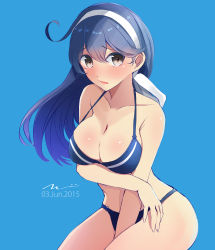 Rule 34 | 10s, 1girl, 2015, ahoge, alternate costume, artist name, bad id, bad pixiv id, bikini, black hair, blue background, blush, breast rest, breasts, cleavage, dated, female focus, headband, highres, kantai collection, large breasts, long hair, looking at viewer, open mouth, shiny skin, signature, simple background, solo, strap gap, swimsuit, tebi (tbd11), ushio (kancolle), ushio kai ni (kancolle)