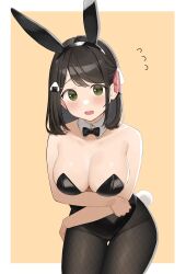 Rule 34 | 1girl, animal ears, bare arms, bare shoulders, black hair, black leotard, blush, bow, bowtie, breasts, cleavage, collarbone, commission, cowboy shot, crossed arms, detached collar, eyebrows hidden by hair, fishnet pantyhose, fishnets, flying sweatdrops, food, green eyes, hair behind ear, hair ornament, hair ribbon, highleg, highleg leotard, highres, large breasts, leotard, looking at viewer, ol mahonanoka, onigiri, open mouth, original, pantyhose, playboy bunny, rabbit ears, rabbit tail, ribbon, simple background, skeb commission, solo, tail
