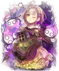 Rule 34 | 1girl, :o, bare shoulders, blonde hair, braid, briar rose (sinoalice), doll, haku (sabosoda), holding, long sleeves, looking at viewer, nightgown, one eye closed, open mouth, short hair, simple background, sinoalice, solo, yellow eyes