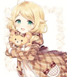 Rule 34 | 1girl, ahoge, blonde hair, blush, bow, brown dress, brown ribbon, cinderella girls gekijou, dress, floral background, green eyes, holding, holding stuffed toy, idolmaster, idolmaster cinderella girls, idolmaster cinderella girls u149, kurasaki moroko, long sleeves, looking at viewer, low twintails, open mouth, plaid, plaid dress, puffy sleeves, ribbon, smile, solo, stuffed animal, stuffed toy, teddy bear, twintails, white background, yusa kozue