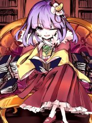 Rule 34 | 1girl, agatha chris q outfit (touhou), book, capelet, crossed legs, flower, frilled skirt, frills, fur trim, gloves, hair flower, hair ornament, hieda no akyuu, highres, holding, japanese clothes, kimono, long sleeves, looking at viewer, one eye closed, open mouth, pile of books, purple eyes, purple hair, short hair, skirt, smile, sutaku77224, touhou, white gloves, wide sleeves, yellow kimono