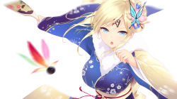Rule 34 | 1girl, aqua eyes, blonde hair, blue eyes, blue kimono, blush, boku wa tomodachi ga sukunai, breasts, bug, butterfly, butterfly hair ornament, cait aron, commentary, facepaint, floral print, flower, fur collar, hagoita, hair flower, hair ornament, hair up, hand up, hane (hanetsuki), hanetsuki, highres, holding, insect, japanese clothes, kashiwazaki sena, kimono, large breasts, long hair, looking at viewer, motion blur, obi, open mouth, paddle, sash, shuttlecock, sidelocks, simple background, solo, translated, white background, wide sleeves