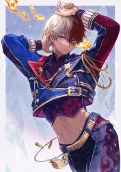 Rule 34 | 1boy, absurdres, aiguillette, arms up, belly chain, belt, black shirt, blue eyes, blue jacket, blue pants, boku no hero academia, border, burn scar, buttons, chain, commentary request, cowboy shot, crop top, cropped jacket, fingernails, fire, flame print, gold chain, gold trim, hair between eyes, heterochromia, highres, jacket, jewelry, kawaharaaisu, lapel pin, lapels, long sleeves, looking at viewer, male focus, matador, midriff, multicolored clothes, multicolored hair, multicolored jacket, navel, outside border, pants, parted lips, purple eyes, red hair, red jacket, scar, scar on face, shirt, short hair, solo, split-color hair, standing, stomach, tassel, teeth, todoroki shouto, toned, toned male, turtleneck, two-tone hair, white border, white hair