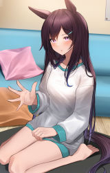 Rule 34 | 1girl, absurdres, animal ears, black hair, blouse, breasts, casual, collarbone, commentary request, couch, highres, horse ears, horse girl, horse tail, kuro imu, lap pillow, lap pillow invitation, legs, looking at viewer, medium breasts, mejiro dober (umamusume), pillow, purple eyes, shirt, tail, thighhighs, umamusume, white shirt