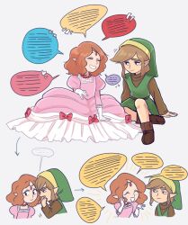 Rule 34 | 1boy, 1girl, blank speech bubble, boots, bow, closed eyes, dress, gloves, gown, green headwear, grey background, hat, leggings, link, medium hair, mims (mimimon), nintendo, pink dress, pointy ears, princess zelda, red bow, sidelocks, simple background, sitting, smile, speech bubble, the legend of zelda, the legend of zelda (nes), thick eyebrows, tiara, tunic, whispering, white gloves