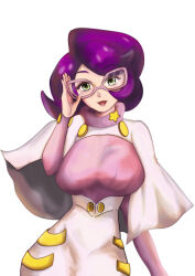 Rule 34 | 1girl, absurdres, adjusting eyewear, arm at side, big hair, breasts, buttons, capelet, commentary request, creatures (company), game freak, glasses, green eyes, hand up, high-waist skirt, highres, large breasts, long sleeves, medium skirt, nhha888, nintendo, pencil skirt, pink-framed eyewear, pink sweater, pokemon, pokemon sm, purple hair, ribbed sweater, short hair, skirt, smile, solo, sweater, sweater guard, turtleneck, turtleneck sweater, white background, white capelet, white skirt, wicke (pokemon)