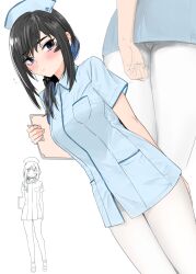 1girl absurdres arm_behind_back ass black_hair blue_dress blue_eyes blue_hat blush breasts clipboard closed_mouth commentary dress eyelashes flying_sweatdrops goshiki_suzu hair_over_shoulder hat highres multicolored_hair multiple_views nurse nurse_cap original pantyhose short_sleeves simple_background sweat symbol-only_commentary white_background white_pantyhose