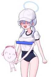 Rule 34 | 1girl, 1other, 28 (282teeth), absurdres, alternate costume, doodle sensei (blue archive), baseball cap, baton, blue archive, blue buruma, blue hair, breasts, buruma, eyes in shadow, gym shirt, halo, hat, highres, light blue hair, medium breasts, puffy short sleeves, puffy sleeves, sensei (blue archive), shirt, short sleeves, simple background, surprised, sweatdrop, twintails, valkyrie police academy student (blue archive), white background, white headwear