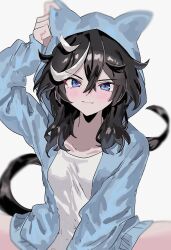 Rule 34 | 1girl, alternate costume, animal ears, aogisa, arm up, black hair, blue eyes, blue hoodie, blurry, blurry background, closed mouth, commentary request, hair between eyes, highres, hood, hoodie, horse ears, horse girl, horse tail, katsuragi ace (umamusume), looking at viewer, multicolored hair, open clothes, open hoodie, shirt, simple background, sitting, smile, solo, streaked hair, tail, umamusume, white background, white hair, white shirt