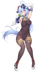 Rule 34 | 1girl, absurdres, ahoge, bare shoulders, bell, black gloves, blue hair, blush, bodystocking, breasts, brown pantyhose, detached sleeves, flower, full body, ganyu (genshin impact), genshin impact, gloves, highres, horns, large breasts, long hair, looking at viewer, pantyhose, purple eyes, solo, thighs, tokito yu, white background