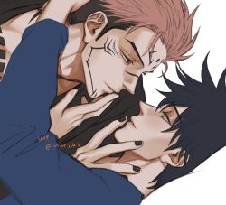 Rule 34 | 2boys, absurdres, arm up, black hair, black nails, black shirt, blue shirt, closed mouth, eye contact, eyelashes, face-to-face, facial tattoo, finger to another&#039;s mouth, fingernails, fushiguro megumi, green eyes, hair between eyes, highres, jujutsu kaisen, looking at another, lying, male focus, marrbl, multiple boys, nail polish, pink hair, red eyes, ryoumen sukuna (jujutsu kaisen), shirt, short hair, smile, spiked hair, tattoo, yaoi