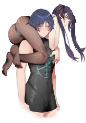 Rule 34 | 1boy, 1girl, absurdres, anemo (genshin impact), annoyed, artist request, ass, bare shoulders, blue eyes, blue hair, blush, breasts, cape, carrying, from behind, frown, genshin impact, green eyes, hair ornament, hair ribbon, highres, leotard, long hair, looking at viewer, looking back, looking down, medium breasts, memeh, mona (genshin impact), naughty face, over shoulder, pantyhose, ribbon, scaramouche (genshin impact), short hair, smile, tongue, tongue out, twintails, unitard, very long hair